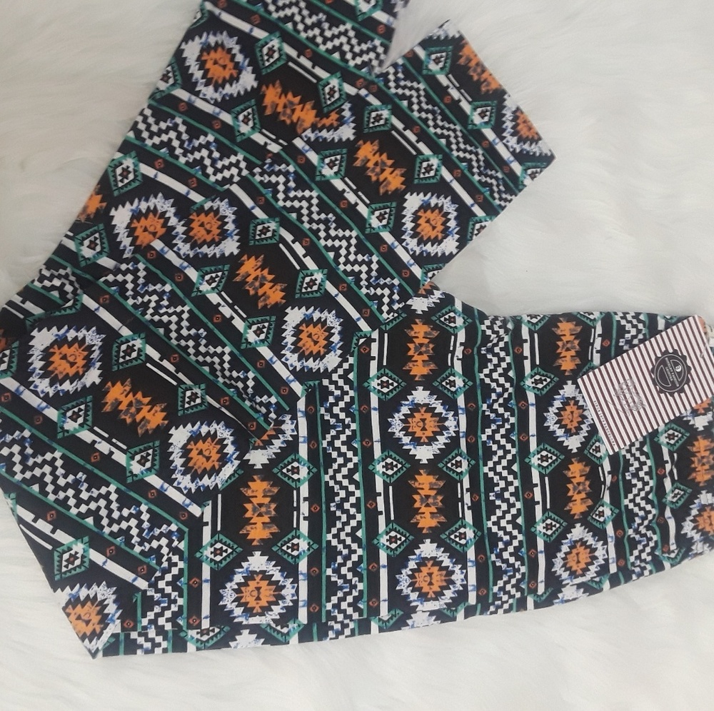 Aztec Black Mint Orange Pattern print Leggings - Picture 3 of 7